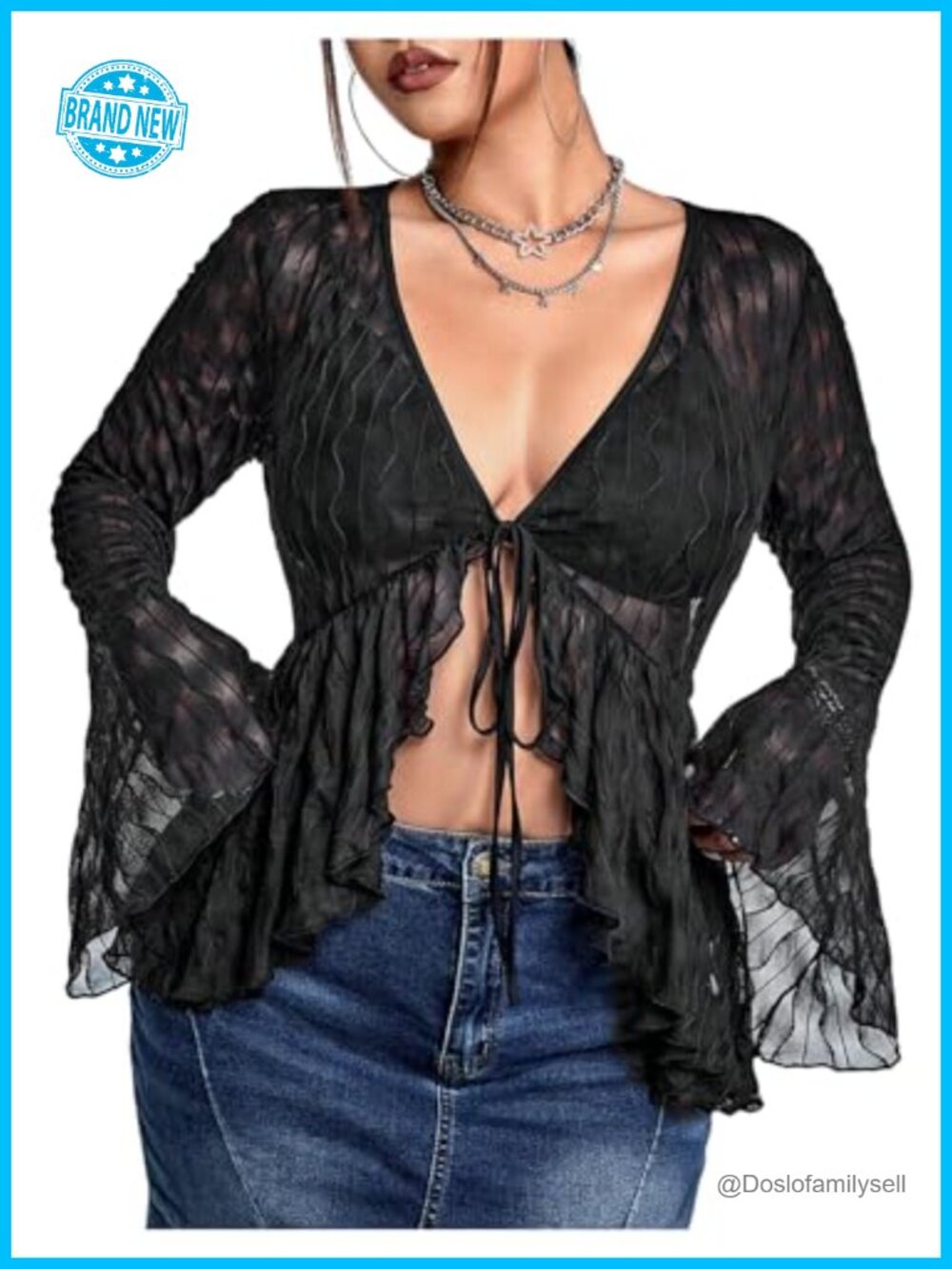 Plus Size Sheer Mesh Top Bell Long Sleeve Asymmetrical Hem Women's